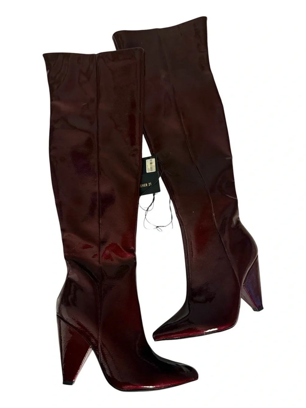 Forever 21 Sexy thigh high Burgundy Boots SleekPatent Over-the-Knee Heeled Boots